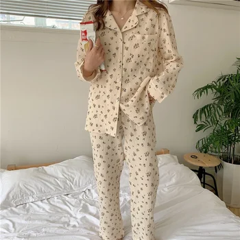 осень зима креп хлопок комплект из двух частей пижамы женские пижамы рубашки с длинным рукавом брюки домашний набор цветочный принт винтаж Y106