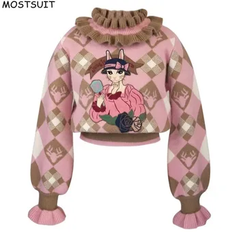 розовый свитер с мультяшной вышивкой женский водолазка элегантный стильный винтажный шикарный трикотажный топ 2024 осень с длинным рукавом женский джемпер