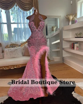 сексуальные бриллианты розовое выпускное платье блестящие кристаллы бусины стразы пайетки перья вечернее платье свадебные платья