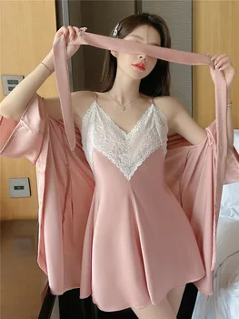 сексуальный розовый атлас пижама ночная рубашка халат и платье костюм женщины кружевное кимоно ночное платье домашняя одежда домашняя одежда