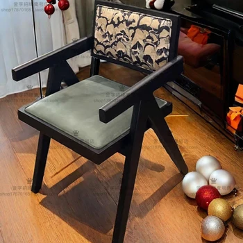 французский черный винтажный обеденный стул из массива дерева, дизайнерское кресло для макияжа, любимое кресло, стул Чандигарх, настольный стул