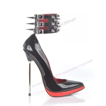  черные металлические туфли на каблуке с заклепками, лакированная кожа, задний ремешок, обувь с острым носком для женщин, тонкая обувь на высоком каблуке 2023 Zapatos Para Mujere